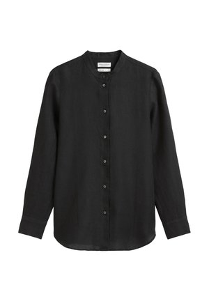 Chemise noire en lin à manches longues avec col mandarin et fermeture à boutons sur le devant, au fit décontracté et à la texture lisse.