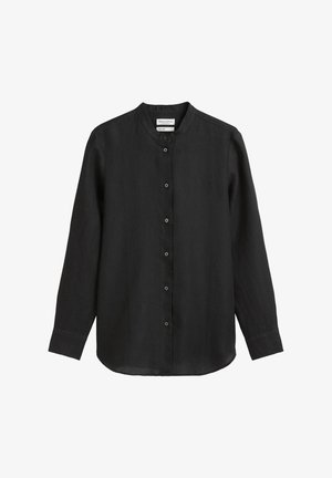 Czarna lniana koszula z długim rękawem z kołnierzykiem mandarynki i zapinana na guziki z przodu, o luźnym kroju i gładkiej fakturze.