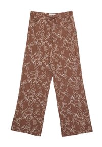 Brązowe spodnie w wzory wykonane z teksturowanej tkaniny, ozdobione białym haftem kwiatowym, o szerokich nogawkach i wiązaniu w talii.