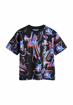 Black short-sleeve T-shirt with colorful blue, purple, and red abstract swirls and vertical white PlayStation logo on the front.