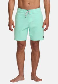 Une paire de shorts de bain vert menthe avec une taille élastique, un cordon de serrage et un petit patch logo noir sur la jambe.