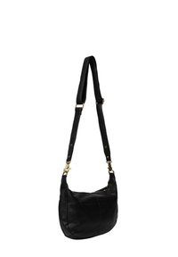 Borsa a spalla in pelle nera con una forma curva, dotata di una finitura in metallo dorato e di una tracolla regolabile. Texture liscia con chiusura a cerniera.