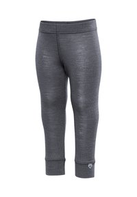 Grå idrottsbyxor med en åtsittande design, mjuk textur och fotledsmuddar. Materialet verkar vara andningsbart med subtila nyansvariationer.