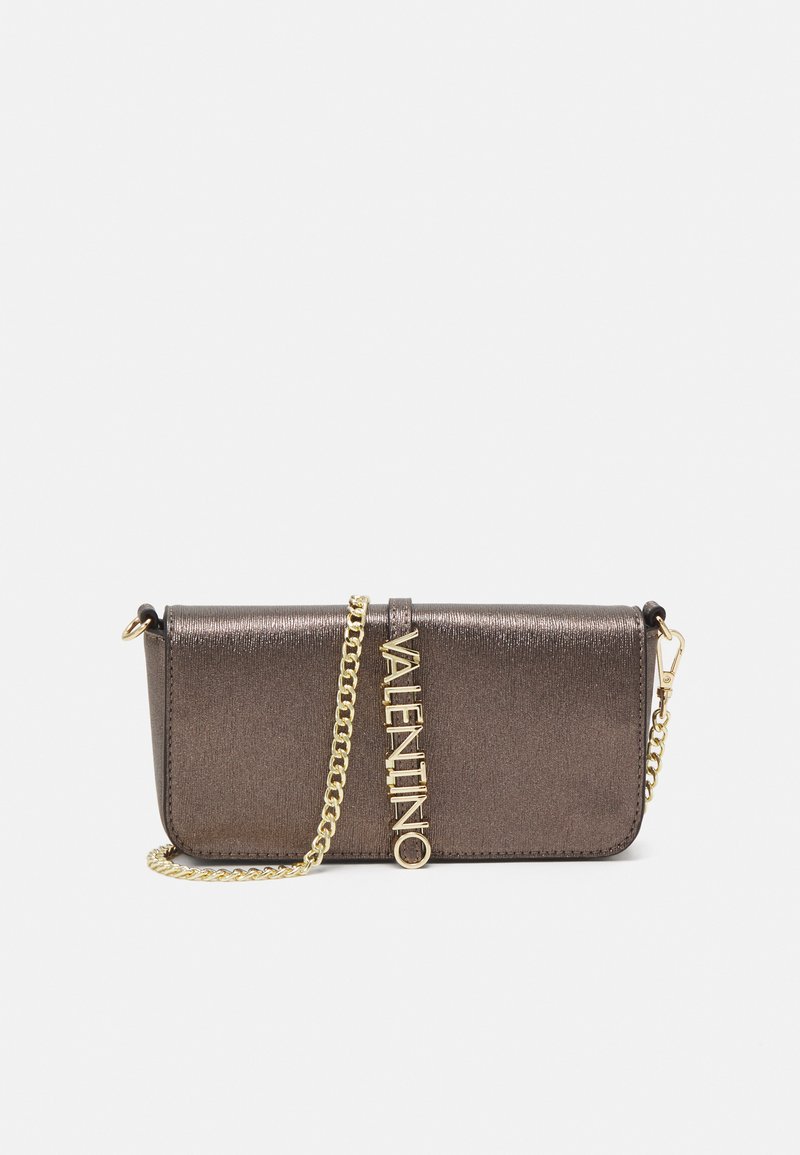 Metallic bronze crossbody bag with a textured finish, gold chain strap, and embossed "VALENTINO" logo on the front. Compact rectangular shape.