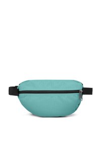 Teal nylon midjepåse med svart dragkedja, justerbar rem och slät yta. Kompakt, rundad design för enkel bärning.