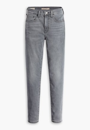 Szürke farmernadrág, slim-fit fazonban, öt zsebbel, gombos záródással és diszkrét kopásokkal, amelyek a megkopott megjelenést kölcsönöznek.