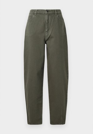 Khaki-grüne Hose aus strapazierfähigem Stoff, mit hoher Taille, geradem Bein, Knopfverschluss und Seiten Taschen.