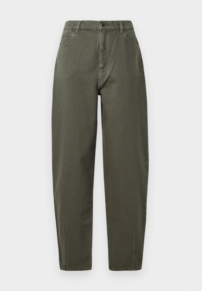 Khiakhirohelised püksid, mis on valmistatud vastupidavast kangast, kõrge vöökoha, sirge sääre disaini, nööbiklapi ja küljetaskutega.