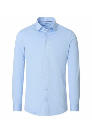 Hellblaues Herrenhemd mit langen Ärmeln, Knopfleiste vorn und klassischem Kragen, Slim Fit, vor weißem Hintergrund.