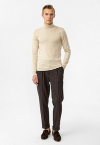 Beige coltrui, fijn gebreid, gecombineerd met grijs gestreepte broek; model draagt zwarte instappers en staat tegen een neutrale achtergrond.