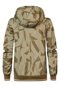 Lehká khaki bunda s abstraktním hnědým vzorem, kapucí, elastickými manžetami a lemem. Vyrobena z hladkého, lesklého materiálu.