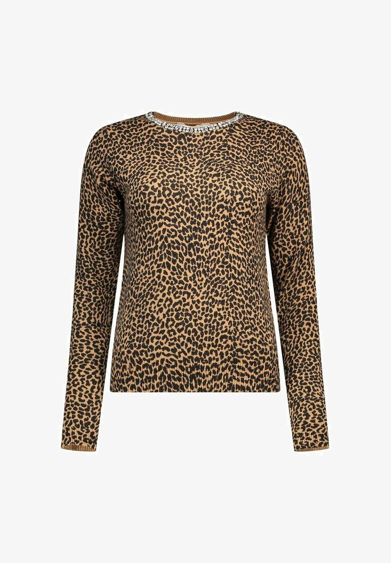 Pull à manches longues en imprimé léopard avec un col rond orné de strass transparents.
