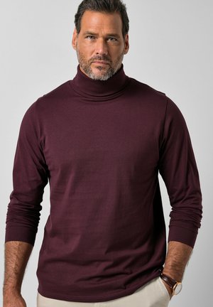 Man met kort donker haar en baard, gekleed in een bordeauxrode coltrui met lange mouwen en beige broek, staand met één hand in de zak.