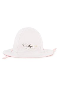 Ροζ κουκούλα καπέλου κάδου από βαμβάκι, με φαρδιά γείσο, κορδόνι και χρυσό ανάγλυφο λογότυπο της μάρκας μπροστά.