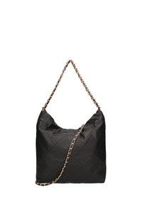 Borsa nera trapuntata realizzata in materiale morbido, con una tracolla a catena. Il design è strutturato con una silhouette morbida e un motivo a rombi.