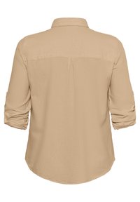 Camisa de manga larga beige con cuello, que presenta mangas enrolladas, un pliegue en la parte posterior y un dobladillo curvado. Tela suave con una textura lisa.