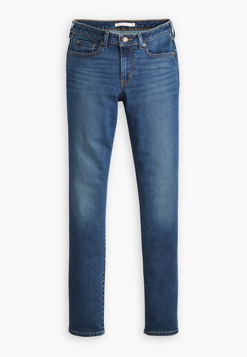 Jeans in denim di un blu medio, design a gamba dritta con cinque tasche, cuciture dorate e chiusura con zip. Leggera scoloritura sulle cosce e sulle ginocchia.