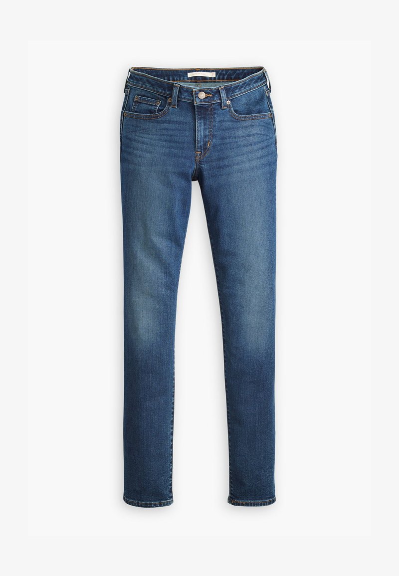 Jean en denim bleu moyen, coupe droite avec cinq poches, coutures dorées et fermeture éclair. Légère décoloration sur les cuisses et les genoux.