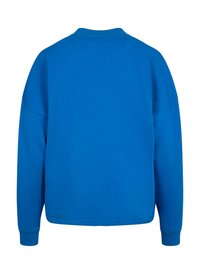 Blauw sweatshirt met een ronde halslijn, drop shoulders en lange mouwen. Glad textuur en geribbelde boorden en onderrand. Geen zichtbare logo's of patronen.