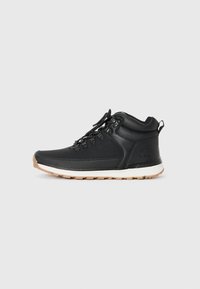 Black hiking boots with a textured leather upper, reinforced toe, lace-up design, and a gum sole. Features a padded collar and branding detail.