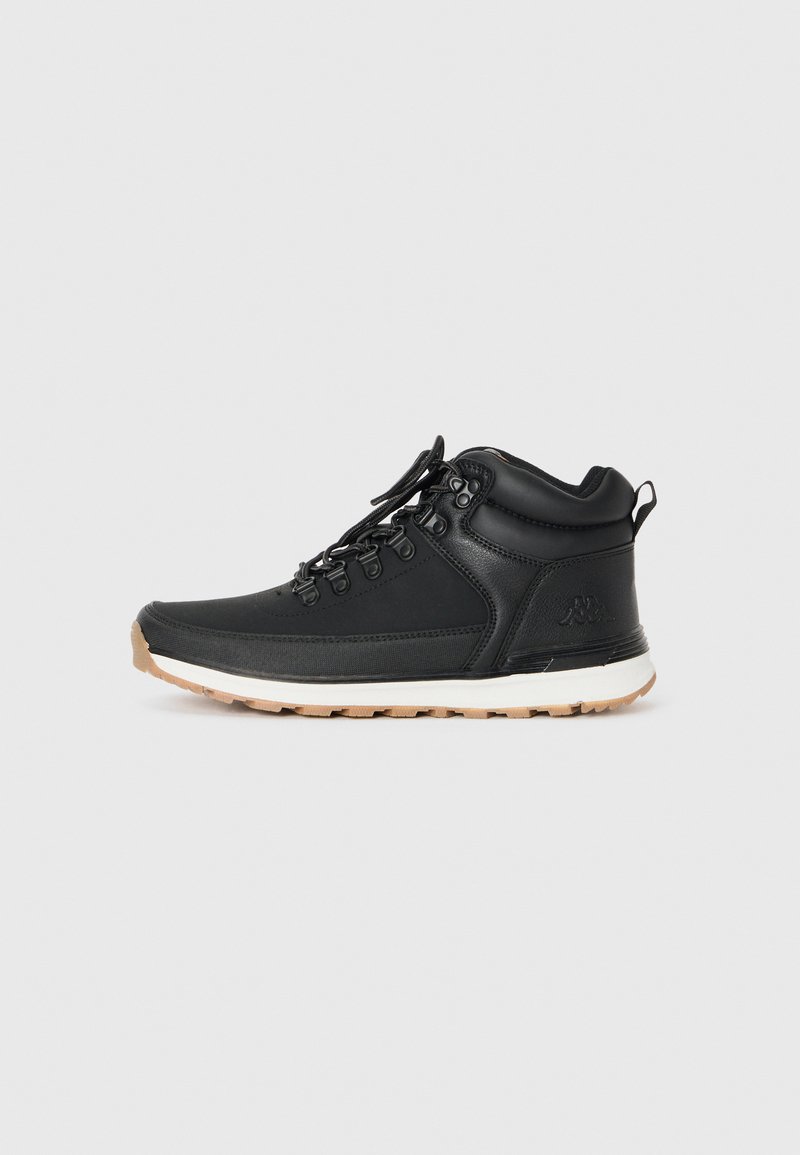 Black hiking boots with a textured leather upper, reinforced toe, lace-up design, and a gum sole. Features a padded collar and branding detail.