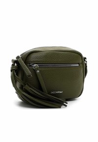 Green leather crossbody bag with a textured surface, zip closure, and dangling tassel accents. Features a silver logo detail on the front.