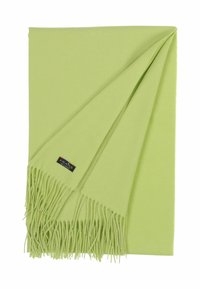Écharpe verte au toucher doux, avec des détails de franges et une petite étiquette. Le design est rectangulaire avec une surface lisse et uniforme.