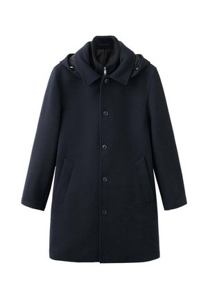 Marineblå uldblanding frakke med hætte, som har knaplukning, to sidelommer og et lige snit. Glat tekstur og minimalistisk design.