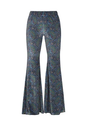 Uitlopende broeken gemaakt van zachte stof met een donkerblauwe basis en een gedetailleerd paisleypatroon in groen, rood en blauwe tinten. Elastische tailleband.