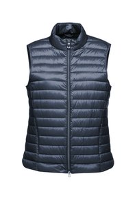 Gilet smanicato imbottito blu navy con design a cucitura orizzontale, colletto alto, zip frontale e tasche laterali. Tessuto liscio e lucido.