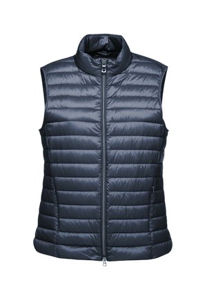 Donkerblauwe mouwloze puffervest met horizontale quiltontwerpen, hoge kraag, ritssluiting aan de voorkant en zijzakken. Gladde, glanzende stoftextuur.