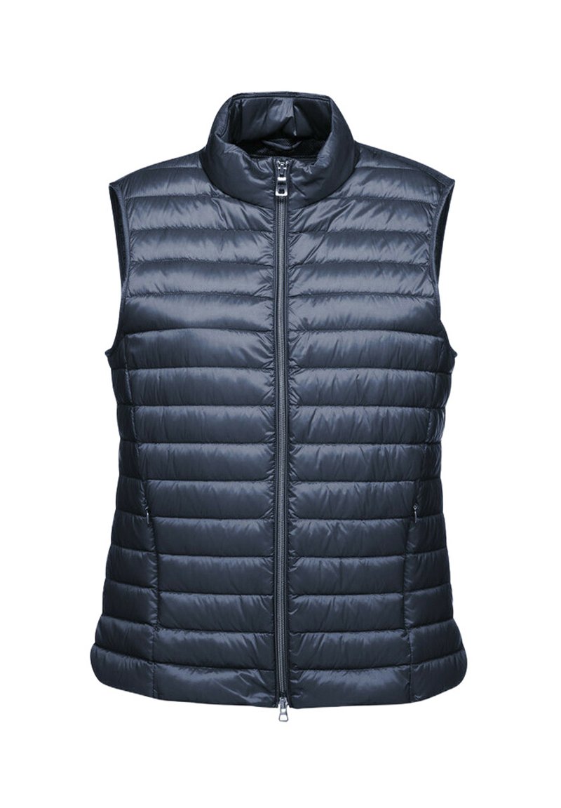 Gilet smanicato imbottito blu navy con design a cucitura orizzontale, colletto alto, zip frontale e tasche laterali. Tessuto liscio e lucido.