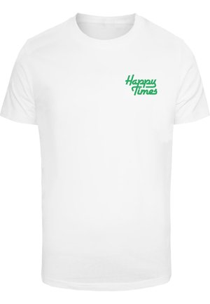 White cotton t-shirt with short sleeves. Features a green graphic text "Happy Times" on the left chest area. Classic crew neck design.