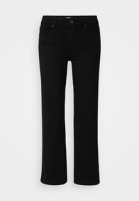 Black denim trousers with a straight leg design, featuring a zip fly and button closure, front and back pockets, smooth texture.