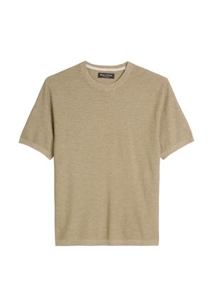Beige, kort mouw, gebreid T-shirt met ronde hals en een Marc O’Polo label aan de binnenkant van de kraag.