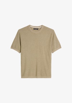 Beige, kort mouw, gebreid T-shirt met ronde hals en een Marc O’Polo label aan de binnenkant van de kraag.