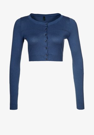 Blauwe cropped cardigan van zachte stof, met lange mouwen, een ronde halslijn en zes donkere knopen aan de voorkant.
