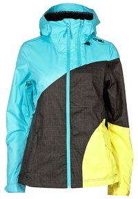 Giacca colorata con cappuccio turchese, corpo nero strutturato e dettagli gialli. Include una chiusura frontale con zip e tasche laterali.
