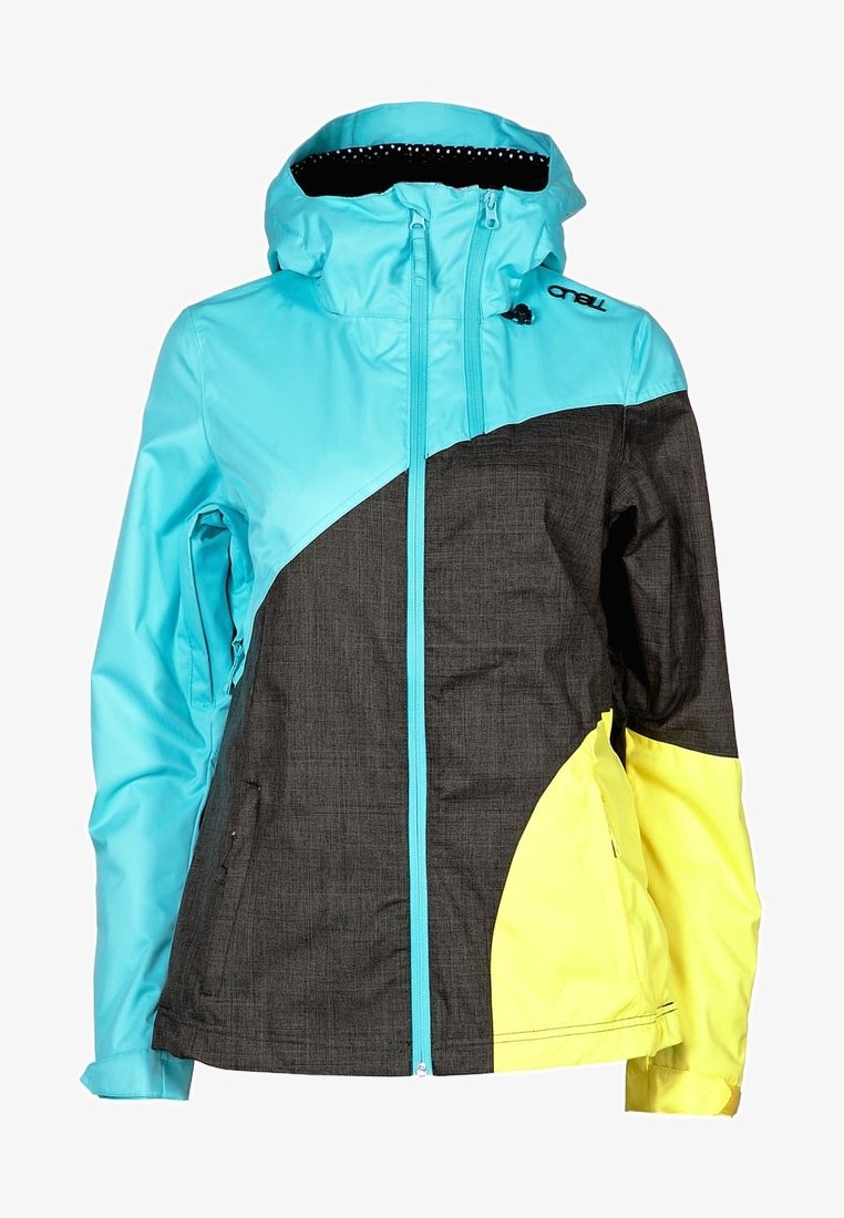 Bunte Jacke mit einer türkisfarbenen Kapuze, schwarzem strukturiertem Körper und gelben Akzenten. Sie verfügt über einen Frontreißverschluss und seitliche Taschen.