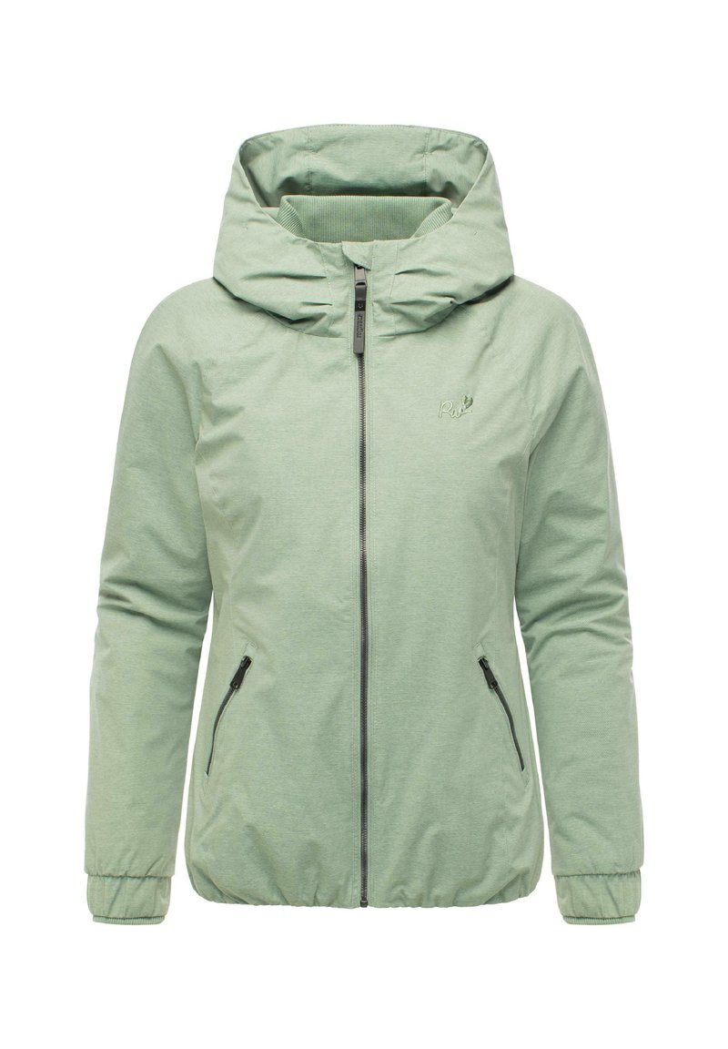 Light green zip-up hooded jacket with two zippered side pockets and elastic cuffs, designed for casual outdoor wear.
