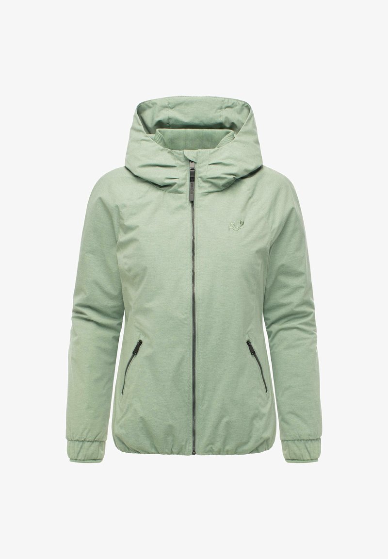 Light green zip-up hooded jacket with two zippered side pockets and elastic cuffs, designed for casual outdoor wear.