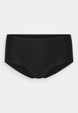 Schwarzer Bikiniunterteil in einem stromlinienförmigen Design, aus glattem Stoff gefertigt. Mit mittelhohem Bund und vollständiger Abdeckung. Kein sichtbares Zubehör oder Muster.