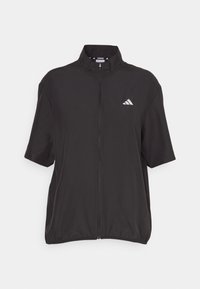 Veste noire à manches courtes avec fermeture éclair, en tissu respirant. Dotée d'un col montant et d'un petit logo blanc sur le côté gauche de la poitrine. Ourlet élastiqué.