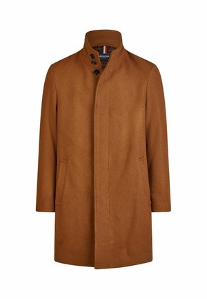 Men's brown wool coat with high collar and three black buttons, featuring two side pockets and a concealed front closure.