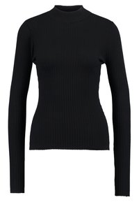 Black ribbed turtleneck long-sleeve top with a fitted silhouette, featuring a high neck and textured fabric throughout.