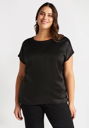 Black short-sleeve top with a round neckline, made of smooth fabric. Features a relaxed fit and subtle stitching around the edges.
