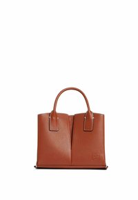 Borsa tote in pelle marrone con due manici piatti, design strutturato, cuciture a contrasto e logo impresso sul lato.