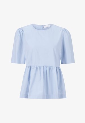 Heledsinine peplum-top, mis on valmistatud puuvilla segust, lühikese puhviga varrukatega, ümmarguse kaelusega ja kokku pandud taljega, et saavutada mugav istuvus.