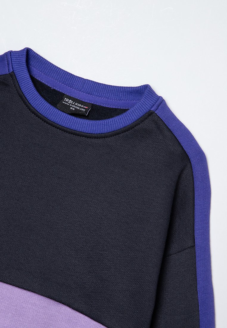Crewneck-Pullover mit schwarzen und lila Farbblöcken, gerippetem lilafarbenem Kragen und lila Streifen, der entlang der Schulter und des Ärmels verläuft.
