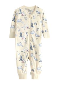 Ολόσωμο φορμάκι σε κρεμ απόχρωση με μπλε απεικονίσεις φανταστικών χαρακτήρων, σύννεφων και δέντρων. Έχει μακρυά μανίκια και κλείσιμο με φερμουάρ.